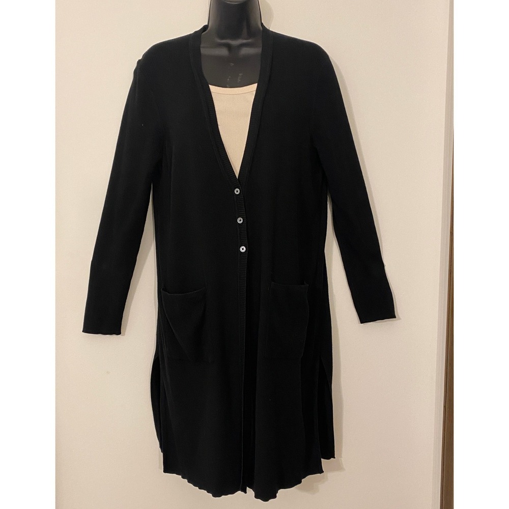 J. Jill Black Ribbed Longline Duster Cardigan Cotton Silk Blend Size M Layering